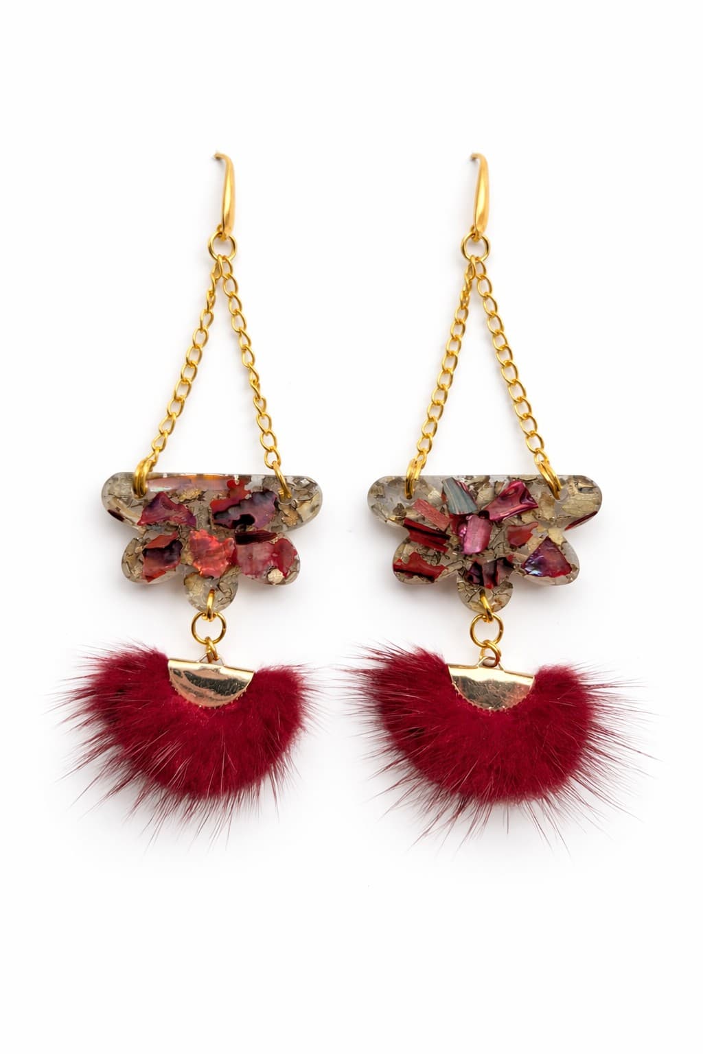 Abalone Resin Fur Pom Dangle - Handmade Indigenous EARRINGS by Secwepemc Sisters